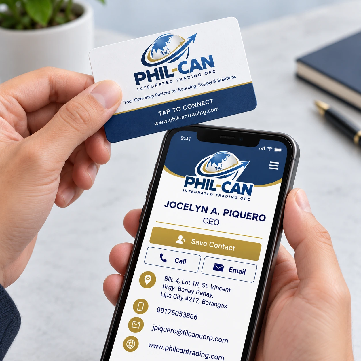 PHIL-CAN calling card beside a smartphone showing the CEO digital contact-card preview