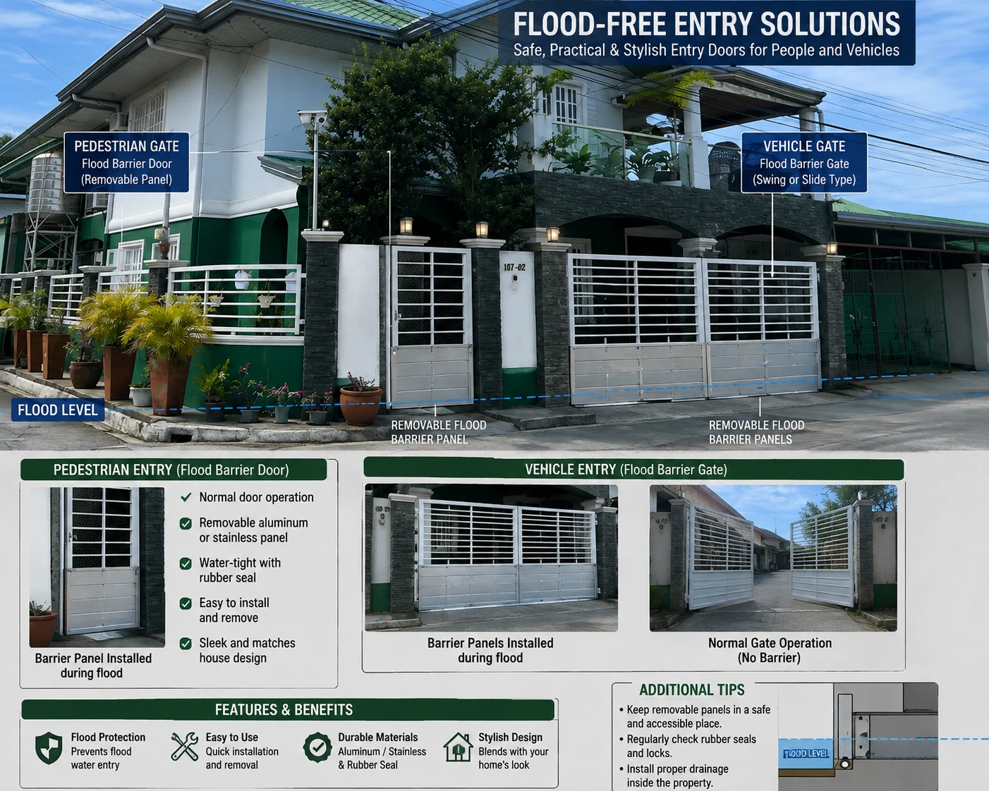 Flood-barrier panels at pedestrian and vehicle entrances